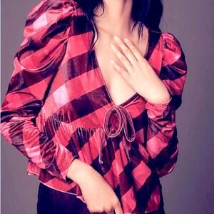 $78 NWT ANTHROPOLOGIE MAEVE velvet babydoll top pink plaid S